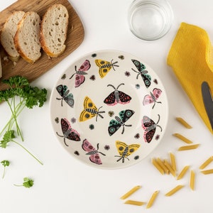 Handmade Ceramic Moth pasta bowl, designed in the UK by Hannah Turner. Perfect stylish gift boxed pasta bowl, gift for moth lovers