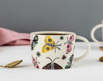 Handmade Ceramic Moth Large Mug, designed in the UK by Hannah Turner, gift boxed Moth Gift for moth and nature lovers.