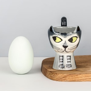 Handmade Ceramic Cat Egg Cup, vintage soft boiled egg holder, designed in UK by Hannah Turner, cat gift, cat lover, ginger tabby, gray tabby image 2