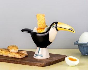 Toucan Egg Cup, handmade ceramic Toucan designed in UK by Hannah Turner, perfect gift for kids or adults, retro tucan, pottery toucan