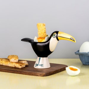 Toucan Egg Cup, handmade ceramic Toucan designed in UK by Hannah Turner, perfect gift for kids or adults, retro tucan, pottery toucan