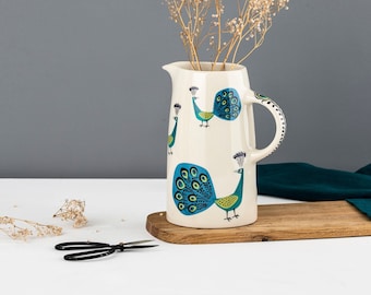 Handmade Ceramic Peacock Tall Jug, designed in the UK by Hannah Turner. Perfect Jug for Cut Flowers or Table Water, Gift Boxed Pottery Jug