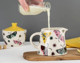 Handmade Ceramic Moth Milk Jug, designed in the UK by Hannah Turner, gift-boxed milk jug gift for nature lovers