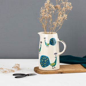 Handmade Ceramic Peacock Tall Jug, designed in the UK by Hannah Turner. Perfect Jug for Cut Flowers or Table Water, Gift Boxed Pottery Jug