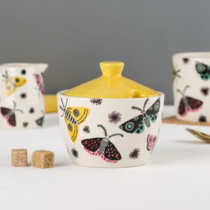 Handmade Ceramic Moth Sugar Bowl with Yellow Lid, designed in the UK by Hannah Turner. Gift boxed. Perfect gift for nature and moth lovers.