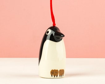 Penguin Christmas Tree Decoration, designed in the UK by Hannah Turner,  pottery penguin festive decoration, gift-boxed festive penguin