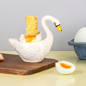 Handmade Ceramic White Swan Egg Cup, vintage soft boiled egg holder, designed in UK by Hannah Turner, swan planter.