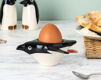 Penguin Egg Cup, perfect gift for kids, Handmade Ceramic Penguin gift, retro penguin, sliding penguin, designed in UK by Hannah Turner