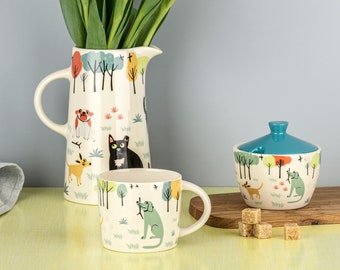 Handmade Ceramic Dog Tall Jug designed in the UK by Hannah Turner, tall pottery dog pitcher perfect gift-boxed present for all dog lovers.