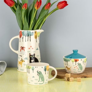 Handmade Ceramic Dog Tall Jug designed in the UK by Hannah Turner, tall pottery dog pitcher perfect gift-boxed present for all dog lovers.