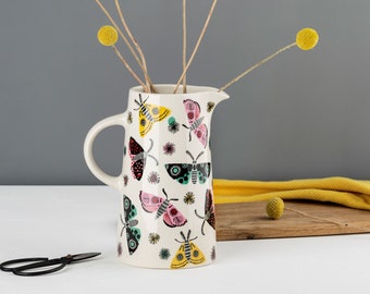 Handmade Ceramic Moth Tall Jug or Pitcher, designed in the UK by Hannah Turner, perfect for cut flowers or a gift for moth lovers
