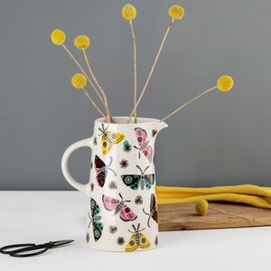 Handmade Ceramic Moth Tall Jug or Pitcher, designed in the UK by Hannah Turner, perfect for cut flowers or a gift for moth lovers