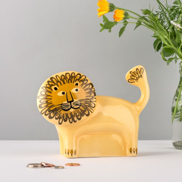 Lion Money Bank, designed in the UK by Hannah Turner. Get saving in style with this retro handmade ceramic retro Lion Money Piggy Bank