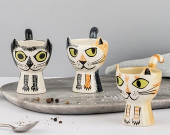 Handmade Ceramic Cat Egg Cup, vintage soft boiled egg holder, designed in UK by Hannah Turner, cat gift, cat lover, ginger tabby, gray tabby