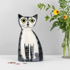 Handmade Ceramic Cat Money Box, designed in the UK by Hannah Turner. Get saving in style with this retro Cat Money Bank, for all Cat lovers