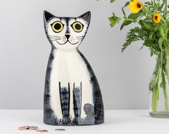Handmade Ceramic Cat Money Box, designed in the UK by Hannah Turner. Get saving in style with this retro Cat Money Bank, for all Cat lovers