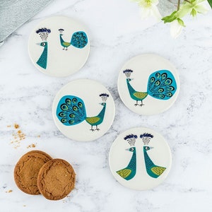 Handmade Ceramic Peacock Coasters, pottery gift, designed in UK by Hannah Turner, gift boxed, retro peacock drink coaster, vintage coaster