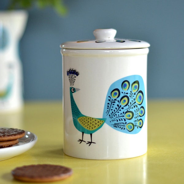 Handgemaakte keramische Peacock Storage Jar, ontworpen in het Verenigd Koninkrijk door Hannah Turner. Perfecte koekjestrommel of opslagbus, geschenkdoos aardewerk pot