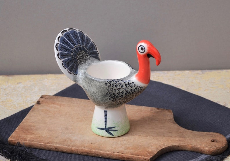 Handmade Ceramic Turkey Egg Cup, pottery gift, designed in UK by Hannah Turner, gift boxed, retro Turkey, vintage soft boiled egg holder image 2