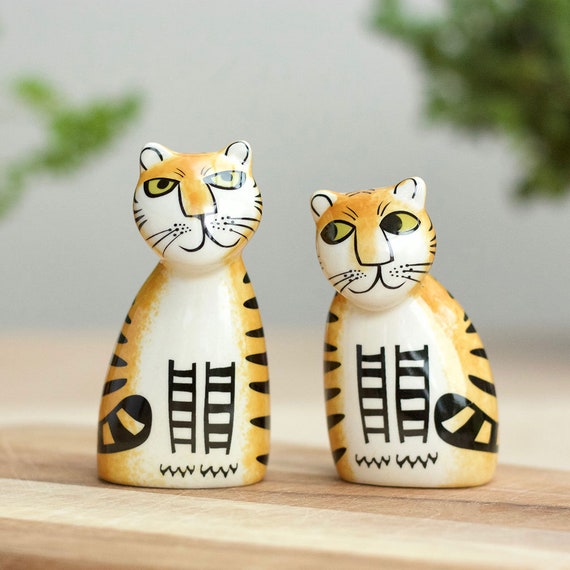 Saliera e pepiera Tiger, sale e pepe Tiger in ceramica fatti a mano,  progettati nel Regno Unito da Hannah Turner. Set di ampolle tigre in  ceramica -  Italia