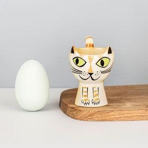 Handmade Ceramic Cat Egg Cup, vintage soft boiled egg holder, designed in UK by Hannah Turner, cat gift, cat lover, ginger tabby, gray tabby image 4