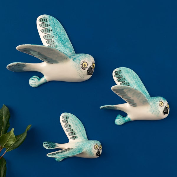 Wall-Mounted Handmade Ceramic Flying Owl Trio in Teal Blue