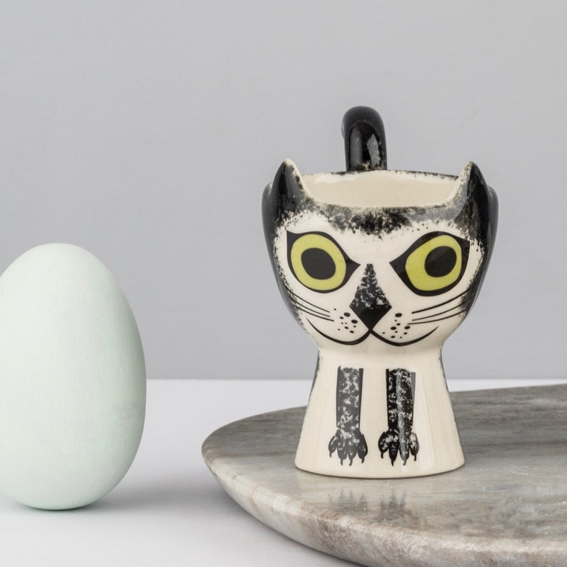 Handmade Ceramic Cat Egg Cup, vintage soft boiled egg holder, designed in UK by Hannah Turner, cat gift, cat lover, ginger tabby, gray tabby image 3