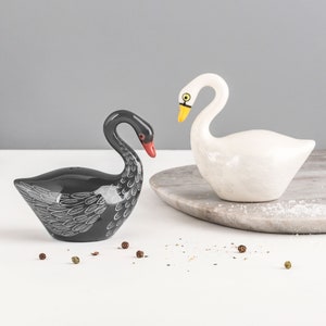 Swan Salt and Pepper Shakers, handmade pottery salt and peppers designed in the UK by Hannah Turner. Swan Cruet set gift, gift boxed