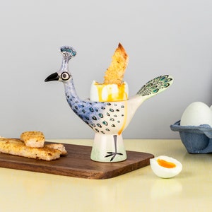 Peacock Egg Cup, Handmade Ceramic retro peacock boiled egg holder, designed in UK by Hannah Turner, spring entertaining, exotic decor