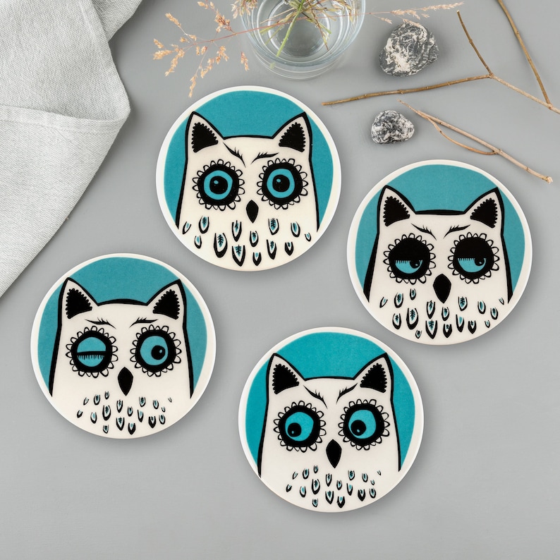 Owl Coaster set, four retro owl designs on these pottery coasters by Hannah Turner. Handmade ceramic drinks coasters with 4 owl expressions image 1