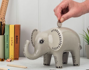 Handmade Ceramic Elephant Money Box by Hannah Turner, designed in the UK. Pottery elephant Coin Bank, Money Box gift