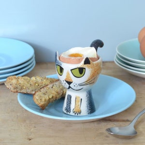 Handmade Ceramic Cat Egg Cup, vintage soft boiled egg holder, designed in UK by Hannah Turner, cat gift, cat lover, ginger tabby, gray tabby image 6