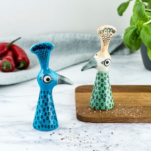 Peacock Salt and Pepper Shakers, handmade pottery salt and peppers designed in the UK by Hannah Turner. Peacock Cruet set gift, bird lover