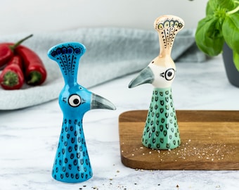 Peacock Salt and Pepper Shakers, handmade pottery salt and peppers designed in the UK by Hannah Turner. Peacock Cruet set gift, bird lover