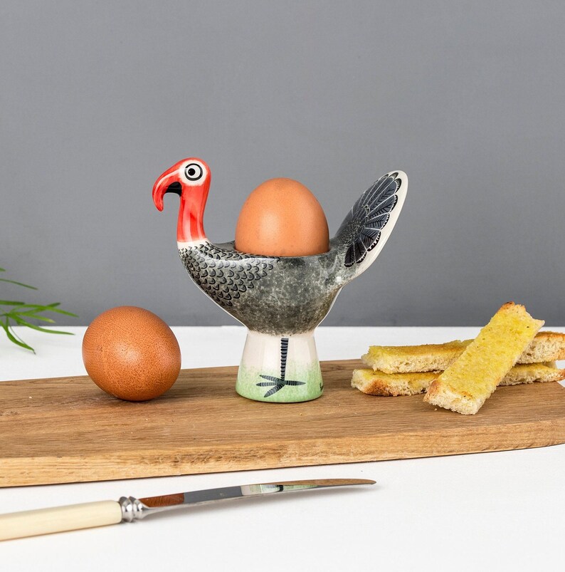 Handmade Ceramic Turkey Egg Cup, pottery gift, designed in UK by Hannah Turner, gift boxed, retro Turkey, vintage soft boiled egg holder image 1