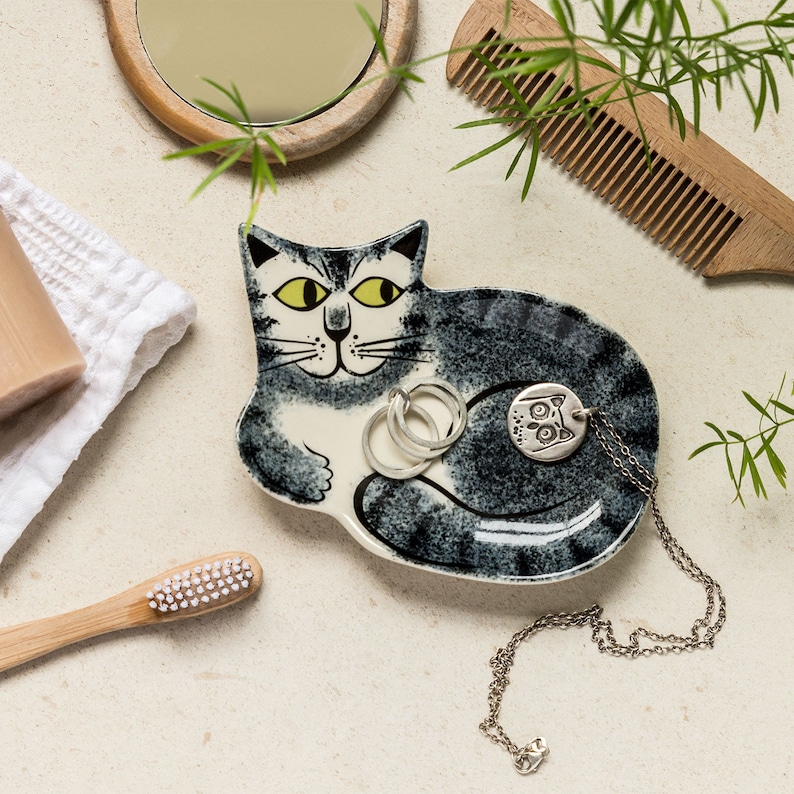 Handmade Ceramic Cat Trinket Dish. Designed in the UK By Hannah Turner. Cat Ring Dish. Cat Spoon Rest or Teabag dish. Tabby Cat, Ginger Cat image 2