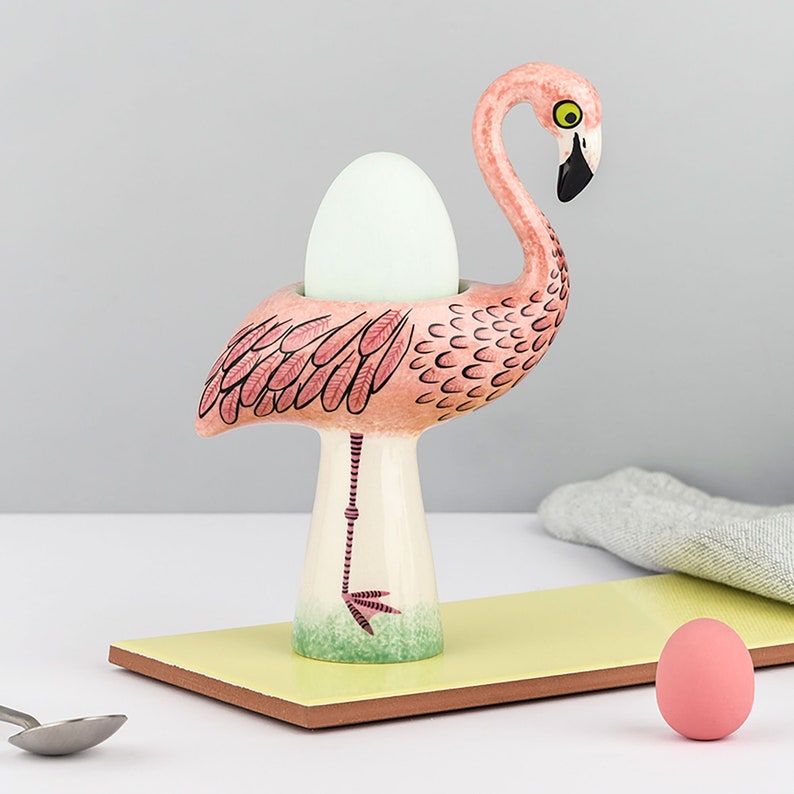 Flamingo Egg Cup, perfect gift for kids, Handmade Ceramic Flamingo gift, retro flamingo, kitsch flamingo, designed in UK by Hannah Turner image 2