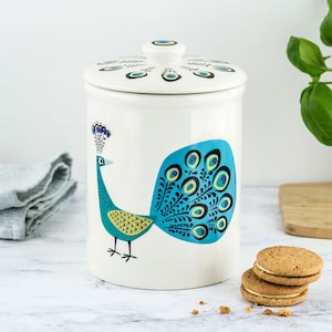 Handmade Ceramic Peacock Storage Jar, designed in the UK by Hannah Turner. Perfect Cookie Jar or Storage Canister, Gift Boxed Pottery Jar