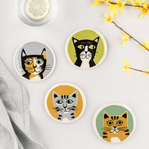 Ceramic Cats Coasters, handmade pottery coaster set designed in UK by Hannah Turner, box set of 4 drinks coasters, gift boxed, plastic free
