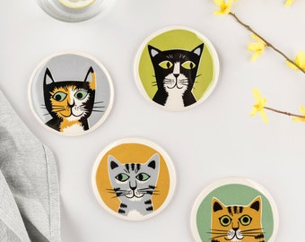 Ceramic Cats Coasters, handmade pottery coaster set designed in UK by Hannah Turner, box set of 4 drinks coasters, gift boxed, plastic free