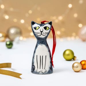 Grey Tabby Cat Christmas Tree Decoration, designed in the UK by Hannah Turner, pottery cat festive decoration, gift-boxed festive cat