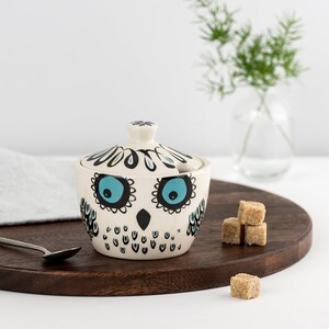 Handmade Ceramic Owl Storage Pot With Lid, designed in the UK by Hannah Turner. Perfect Sugar Pot, Gift Boxed Pottery Sugar Pot