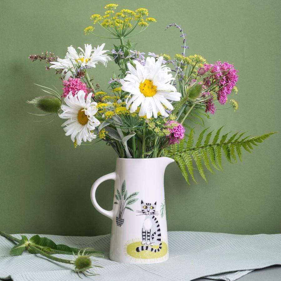 Handmade Ceramic Cat Pitcher, designed in the UK by Hannah Turner, the perfect tall jug for flowers or water. A great gift for a cat lover.