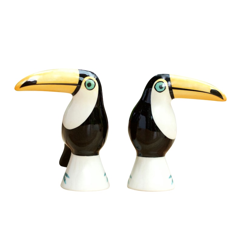 Handmade Ceramic Toucan Salt and Pepper Shakers, tucan, pottery gift, designed in UK by Hannah Turner, gift boxed, retro vintage toucan, image 3