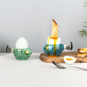 Handmade Ceramic Fish Egg Cup, soft boiled egg holder, designed in UK by Hannah Turner, Green / Blue.