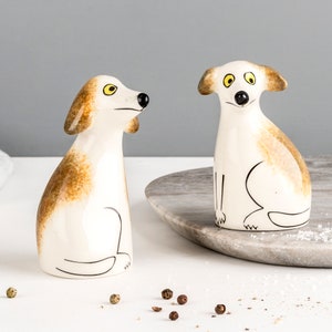 Scruffy Dog Salt and Pepper Shakers, designed by Hannah Turner. Handmade pottery Dog cruet set, gift boxed, vintage dog gift for dog lovers