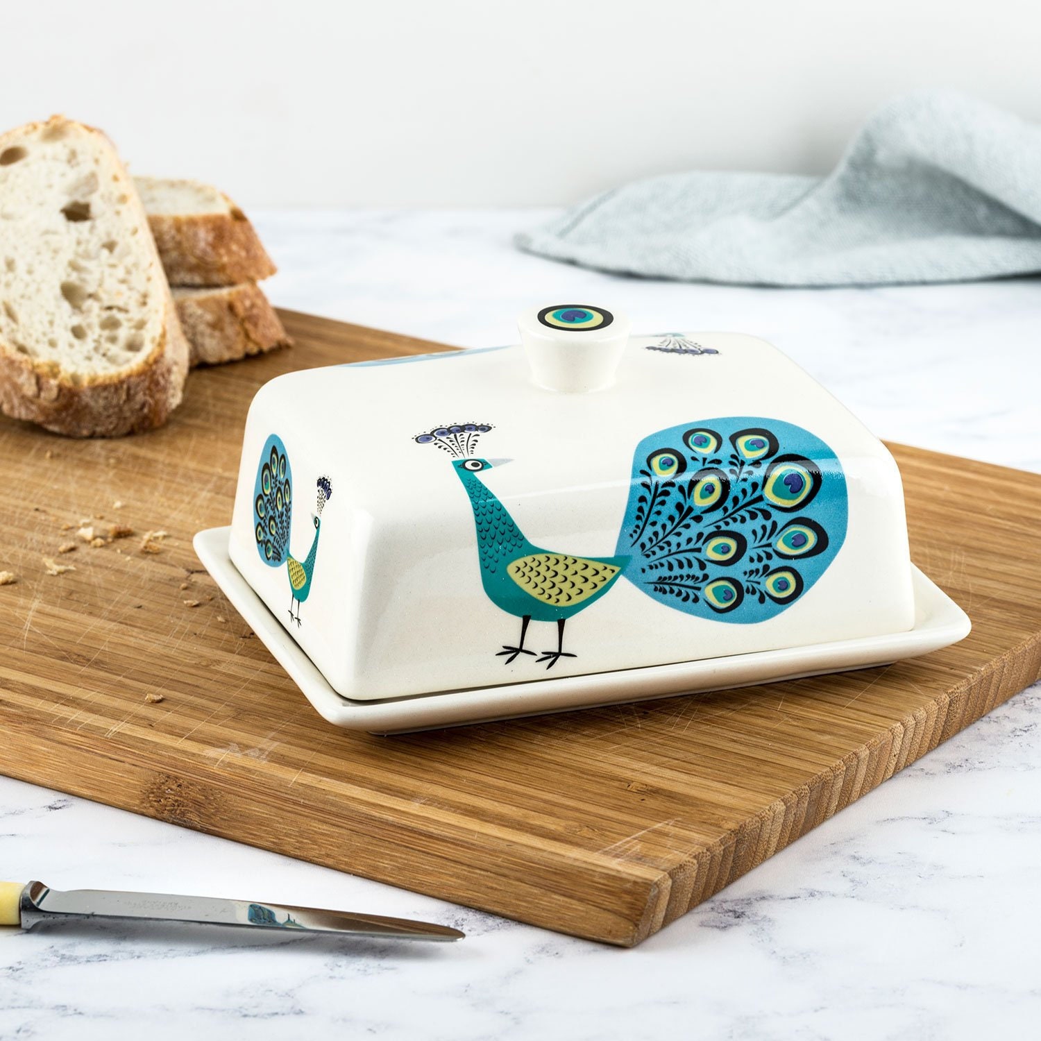 Handmade Ceramic Peacock Butter Dish, Designed in the UK by Hannah Turner.  Perfect Stylish Butter Container, Gift Boxed Pottery Butter Dish 