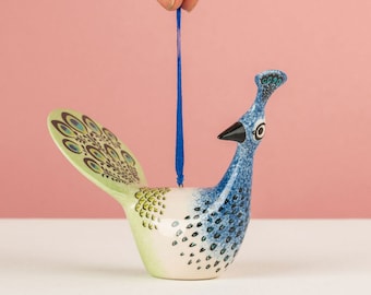 Handmade Ceramic Peacock Decoration, designed in the UK by Hannah Turner, gift boxed gift for Peacock lover
