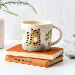 Handmade Ceramic Cat Mug, designed in the UK by Hannah Turner. Perfect Mug for Morning Tea or Coffee, Gift Boxed Pottery Mug