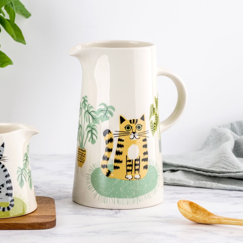 Handmade Ceramic Cat Pitcher, designed in the UK by Hannah Turner, the perfect tall jug for flowers or water. A great gift for a cat lover. image 3